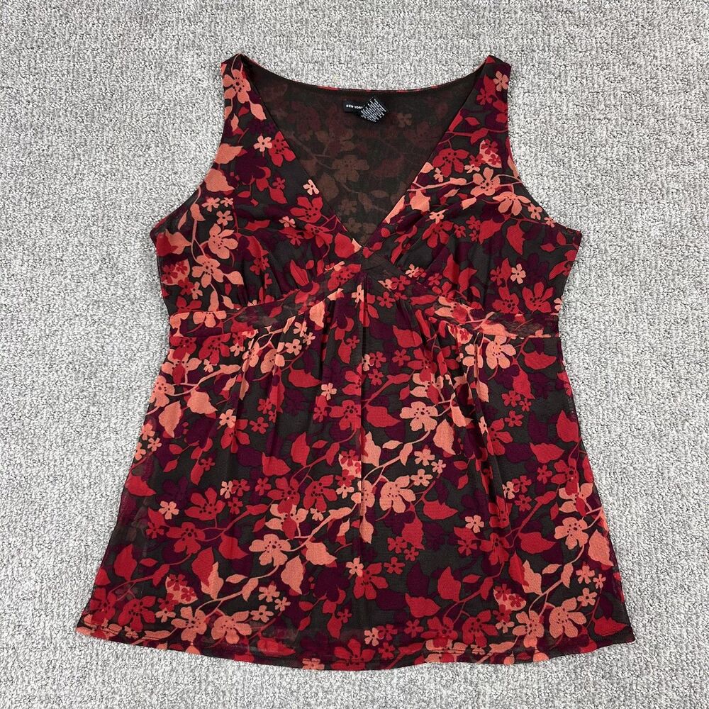Y2K New York Company Top Womens Large Red Floral Mesh Babydoll Retro 00s